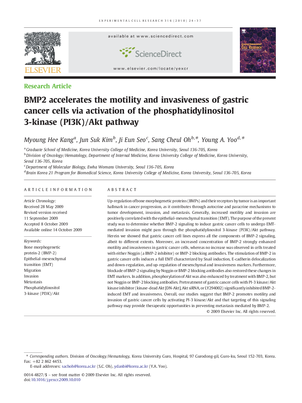 BMP2 accelerates the motility and invasiveness of gastric cancer cells via activation of the phosphatidylinositol 3-kinase (PI3K)/Akt pathway