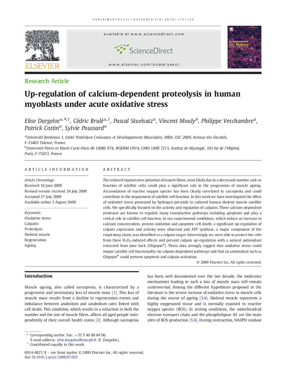 Up-regulation of calcium-dependent proteolysis in human myoblasts under acute oxidative stress