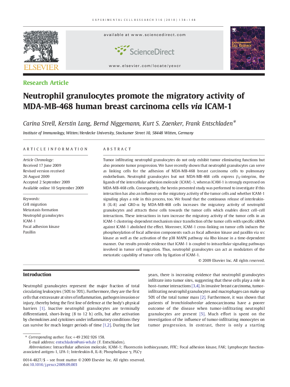 Neutrophil granulocytes promote the migratory activity of MDA-MB-468 human breast carcinoma cells via ICAM-1