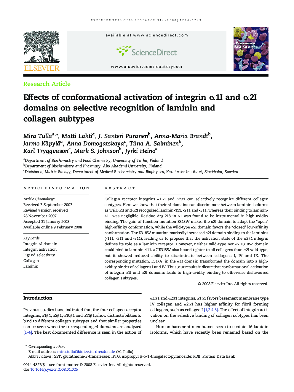 Effects of conformational activation of integrin α1I and α2I domains on selective recognition of laminin and collagen subtypes