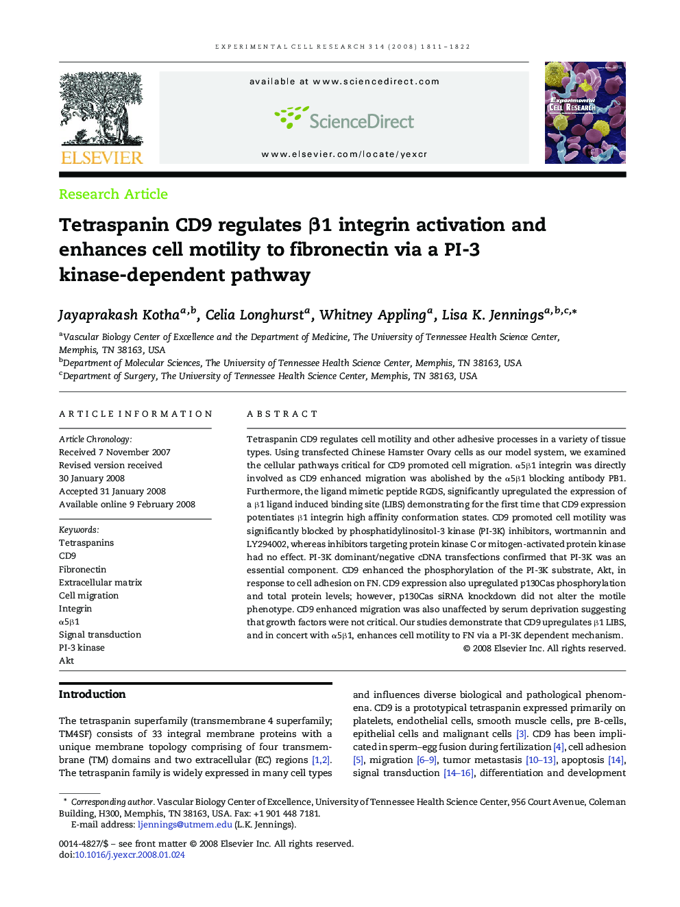 Tetraspanin CD9 regulates β1 integrin activation and enhances cell motility to fibronectin via a PI-3 kinase-dependent pathway