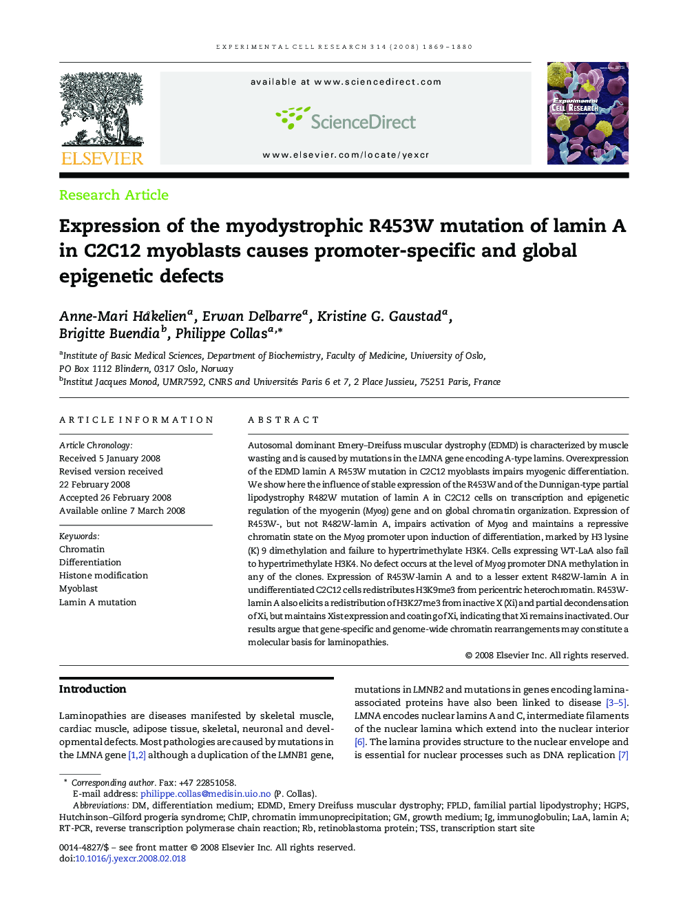 Expression of the myodystrophic R453W mutation of lamin A in C2C12 myoblasts causes promoter-specific and global epigenetic defects