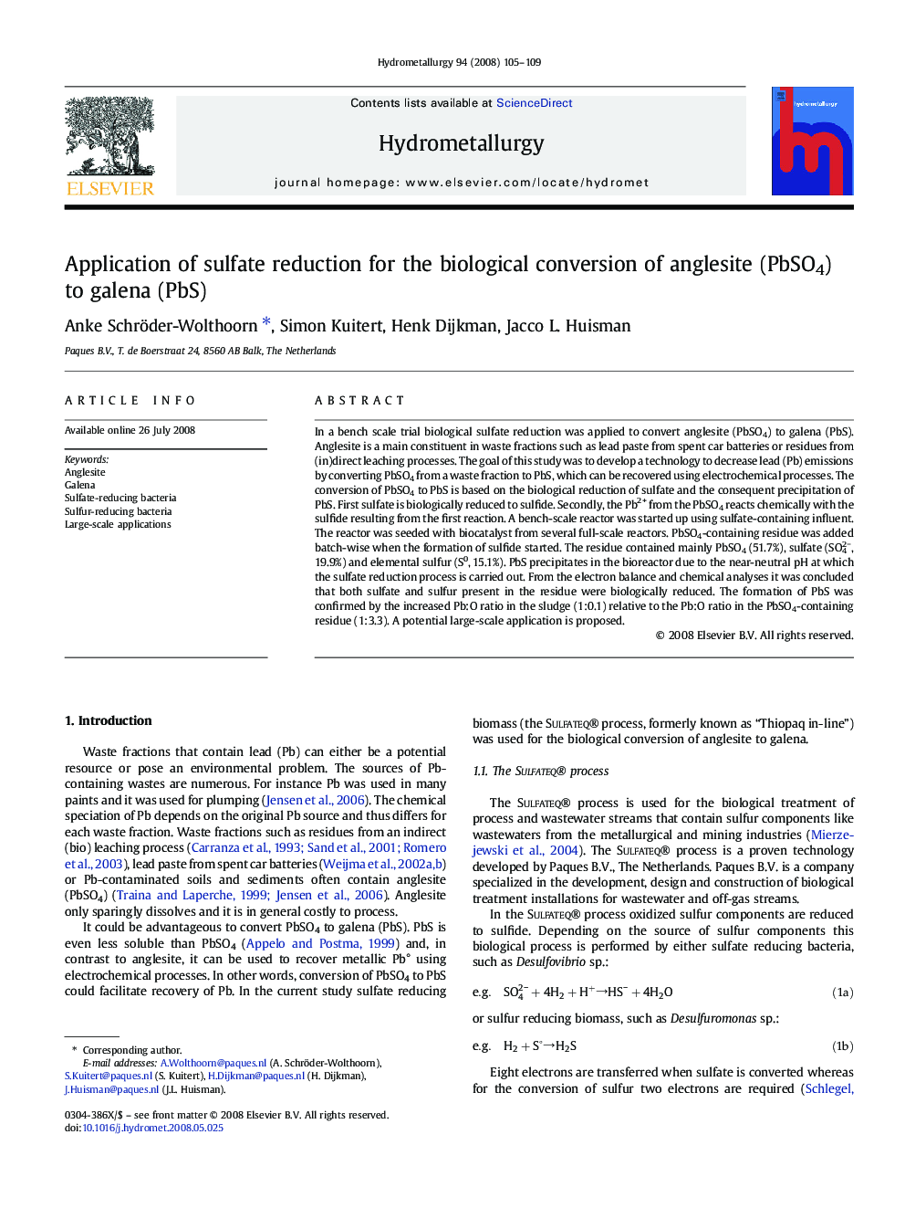 Application of sulfate reduction for the biological conversion of anglesite (PbSO4) to galena (PbS)