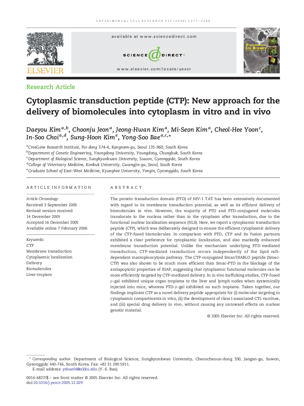 Cytoplasmic transduction peptide (CTP): New approach for the delivery of biomolecules into cytoplasm in vitro and in vivo