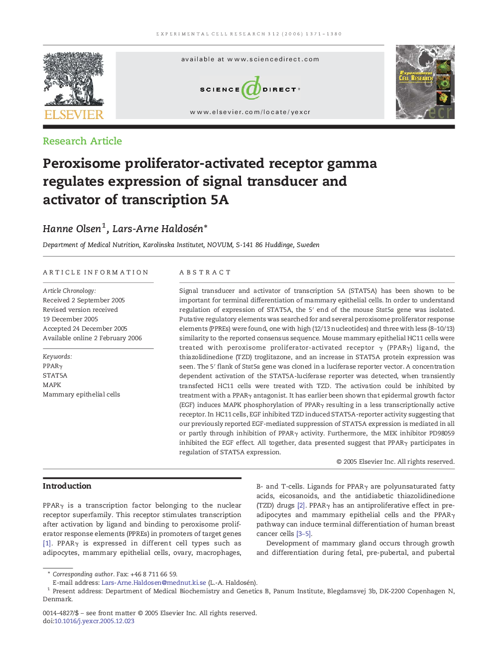 Peroxisome proliferator-activated receptor gamma regulates expression of signal transducer and activator of transcription 5A