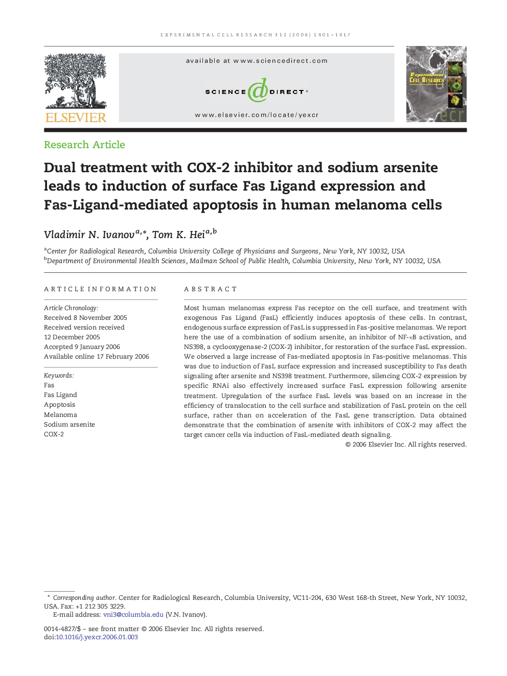 Dual treatment with COX-2 inhibitor and sodium arsenite leads to induction of surface Fas Ligand expression and Fas-Ligand-mediated apoptosis in human melanoma cells