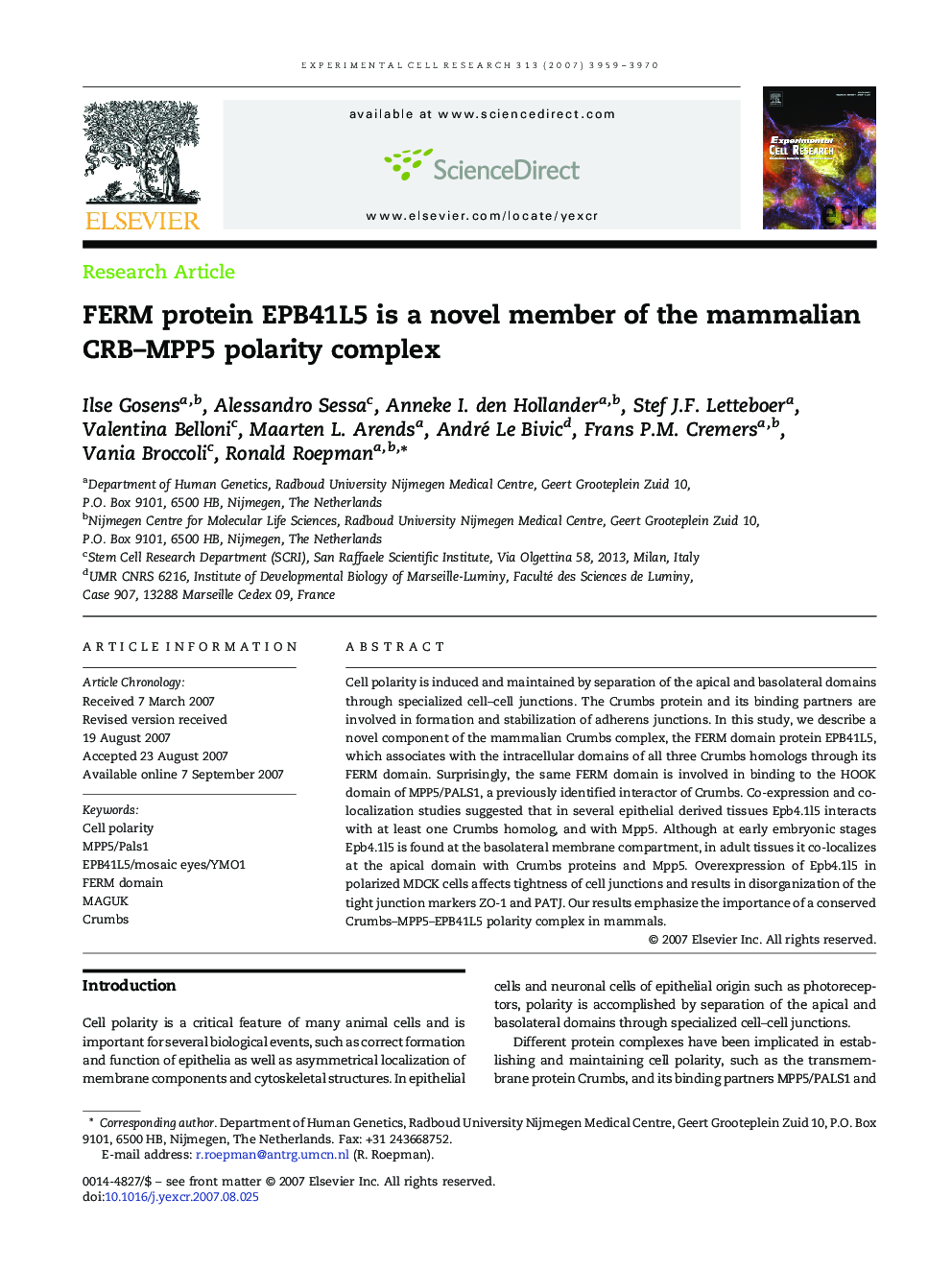 FERM protein EPB41L5 is a novel member of the mammalian CRB–MPP5 polarity complex