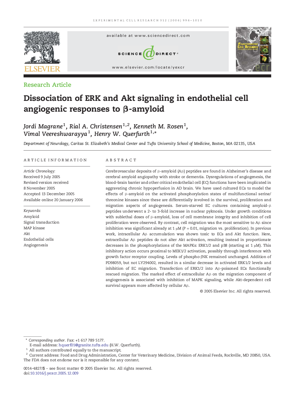 Dissociation of ERK and Akt signaling in endothelial cell angiogenic responses to β-amyloid