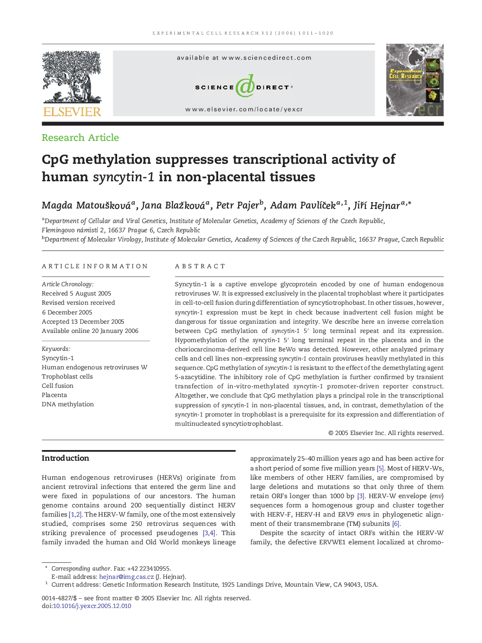 CpG methylation suppresses transcriptional activity of human syncytin-1 in non-placental tissues