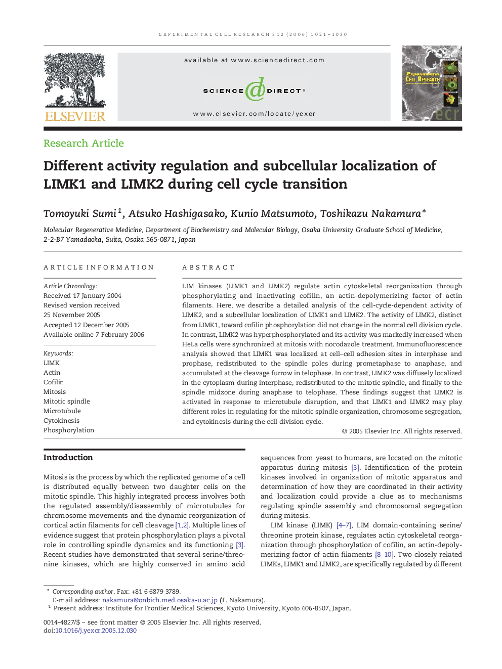 Different activity regulation and subcellular localization of LIMK1 and LIMK2 during cell cycle transition