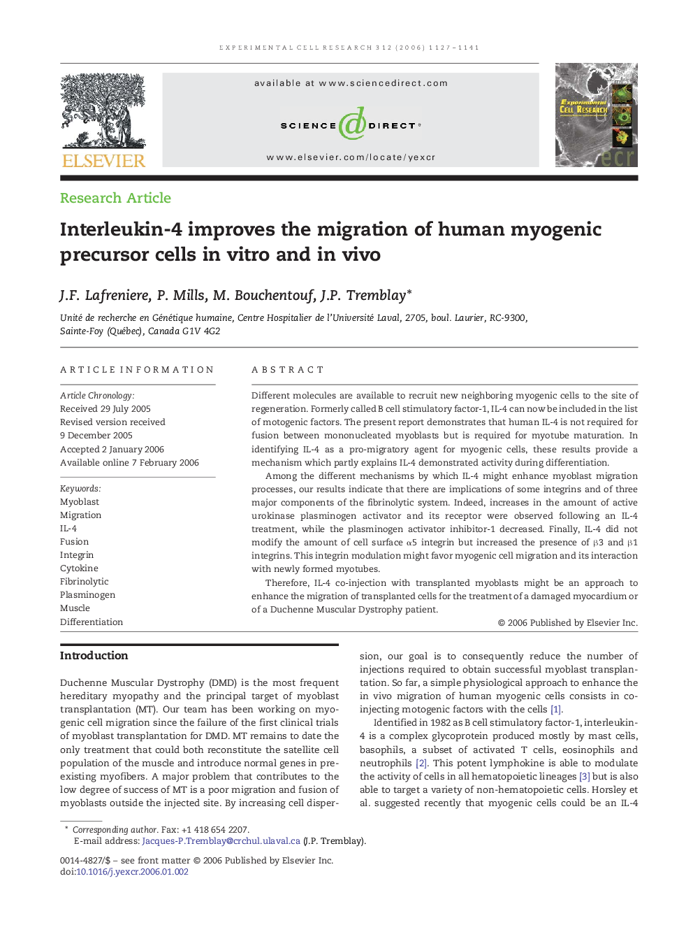 عکس صفحه اول مقاله: Interleukin-4 improves the migration of human myogenic precursor cells in vitro and in vivo Interleukin-4 improves the migration of human myogenic precursor cells in vitro and in vivo