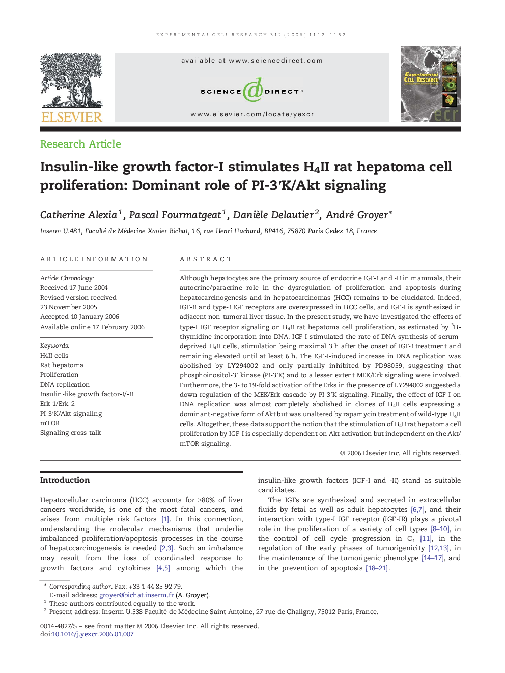 Insulin-like growth factor-I stimulates H4II rat hepatoma cell proliferation: Dominant role of PI-3′K/Akt signaling