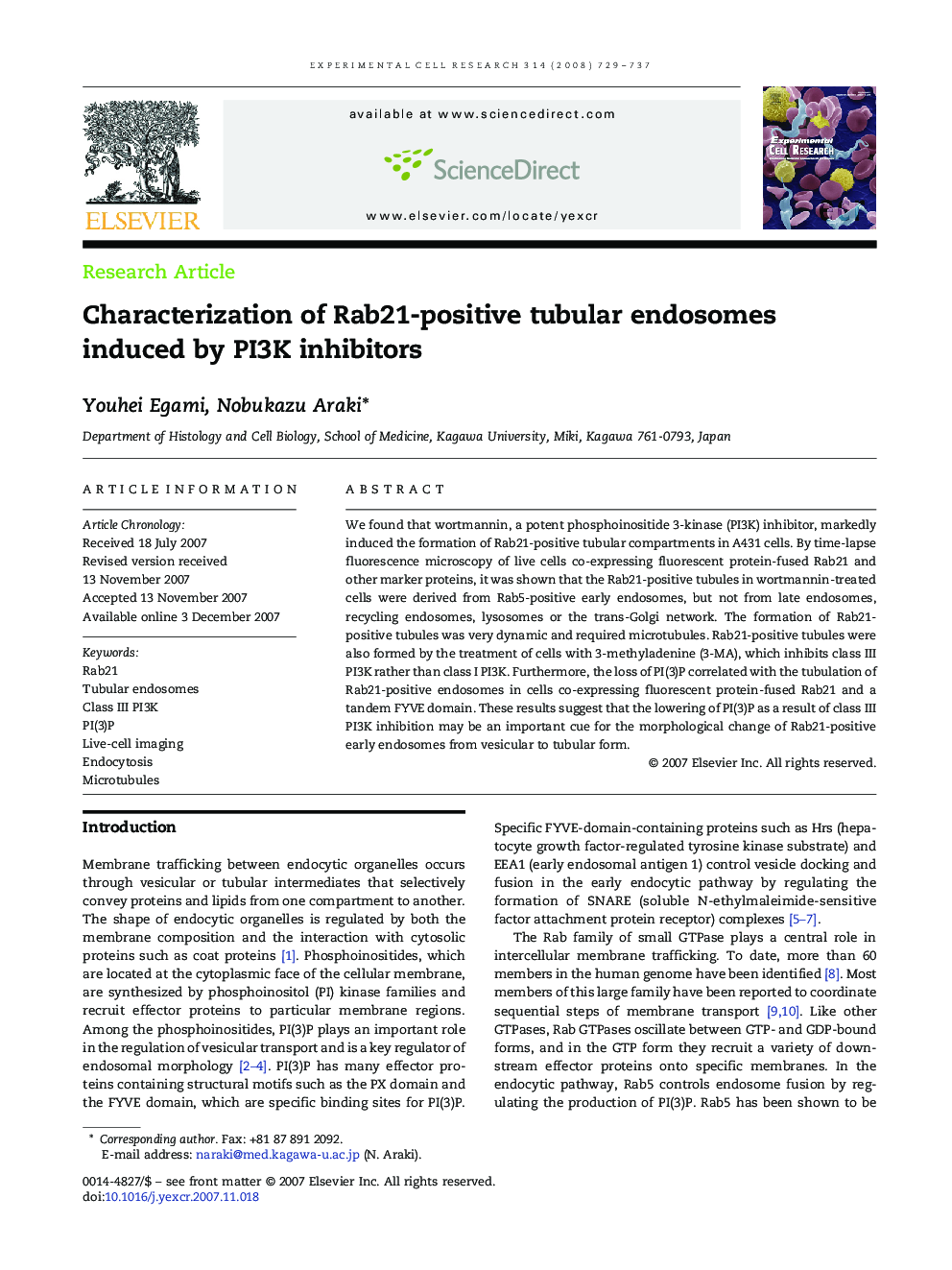 Characterization of Rab21-positive tubular endosomes induced by PI3K inhibitors