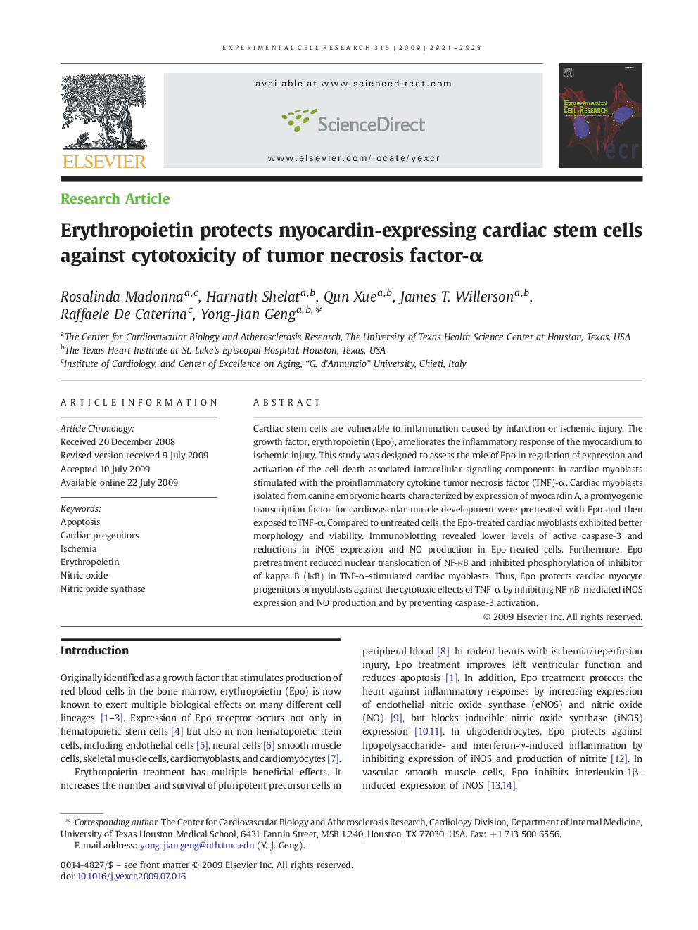 Erythropoietin protects myocardin-expressing cardiac stem cells against cytotoxicity of tumor necrosis factor-α