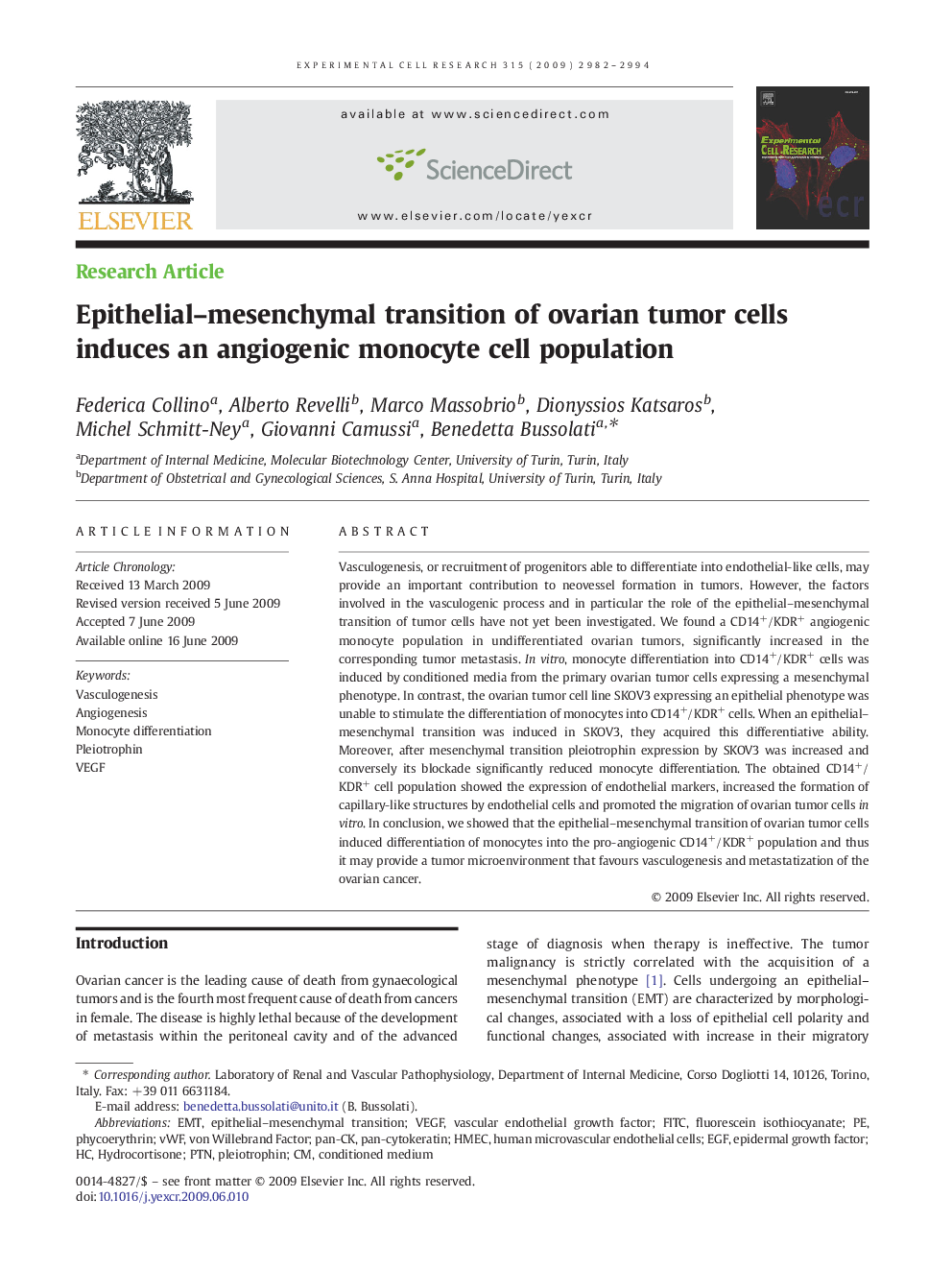 Epithelial–mesenchymal transition of ovarian tumor cells induces an angiogenic monocyte cell population