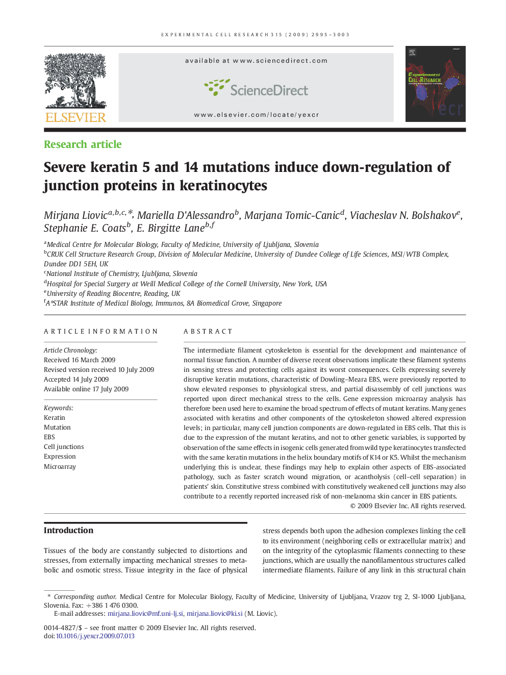 Severe keratin 5 and 14 mutations induce down-regulation of junction proteins in keratinocytes