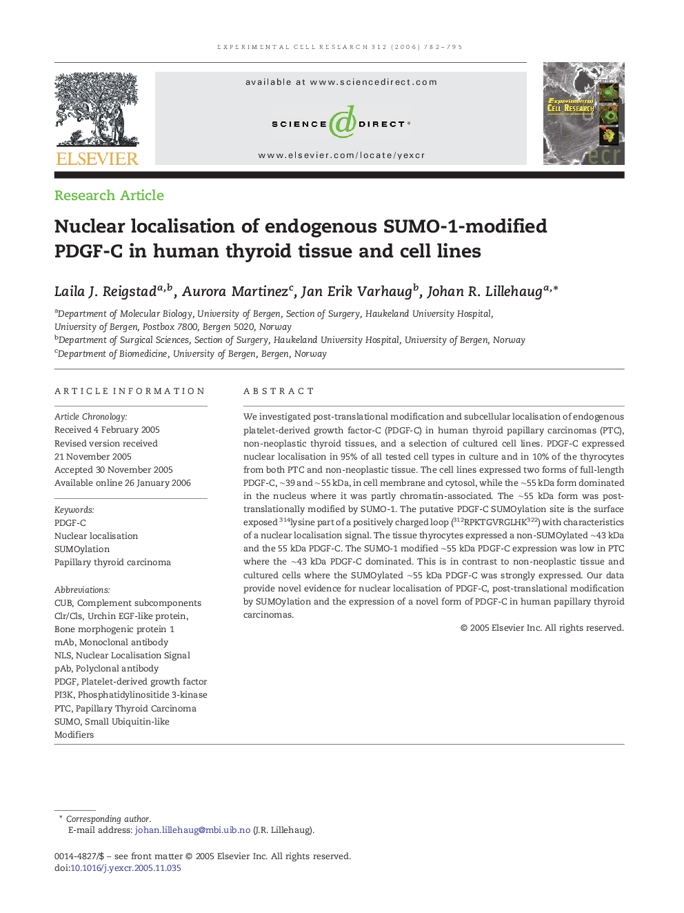 Nuclear localisation of endogenous SUMO-1-modified PDGF-C in human thyroid tissue and cell lines