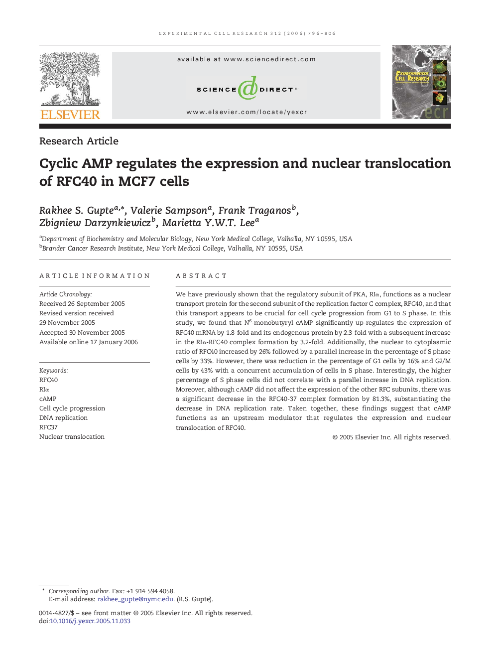 Cyclic AMP regulates the expression and nuclear translocation of RFC40 in MCF7 cells