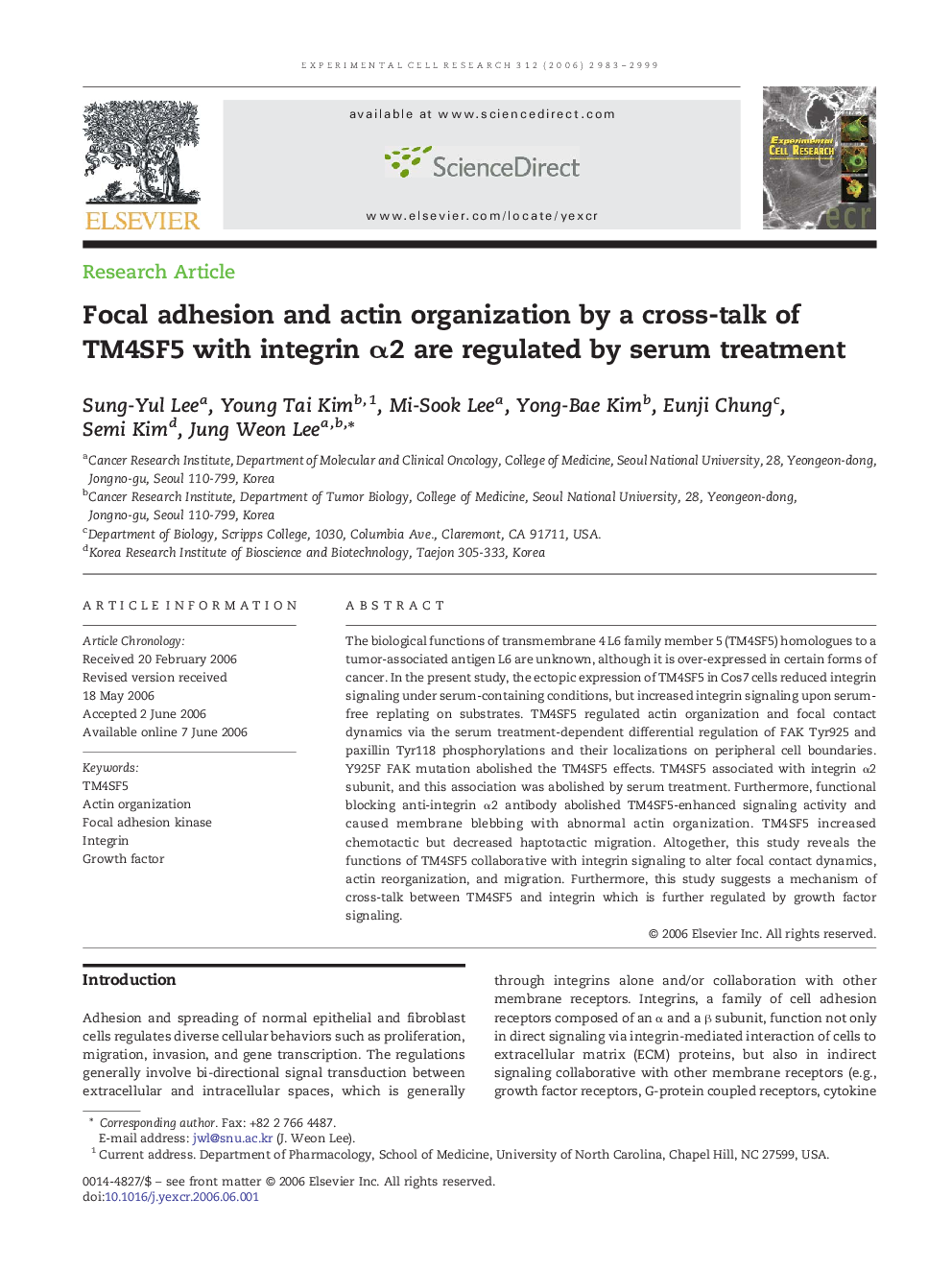 Focal adhesion and actin organization by a cross-talk of TM4SF5 with integrin α2 are regulated by serum treatment