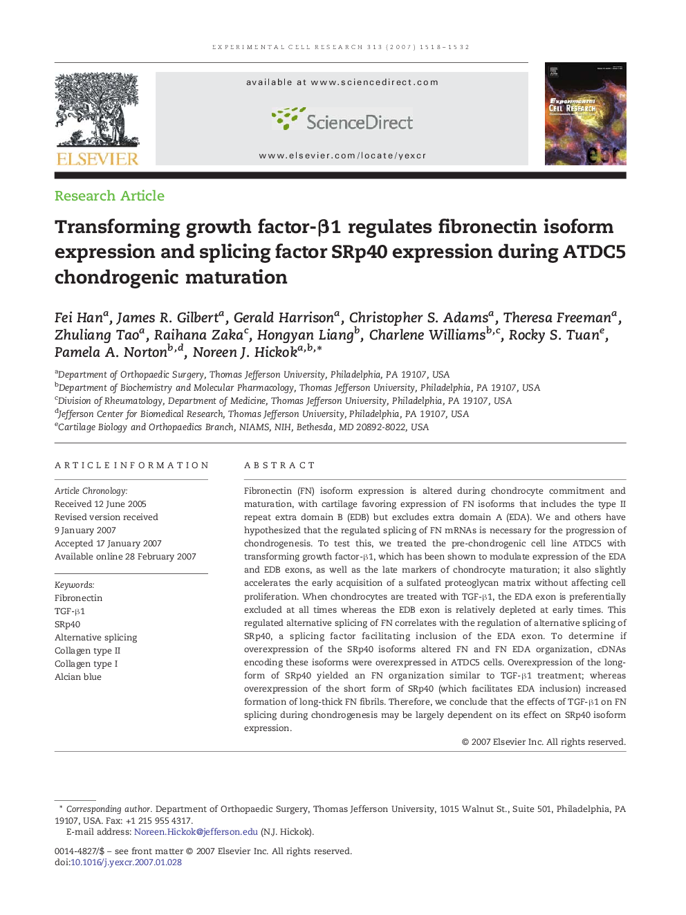 Transforming growth factor-Î²1 regulates fibronectin isoform expression and splicing factor SRp40 expression during ATDC5 chondrogenic maturation