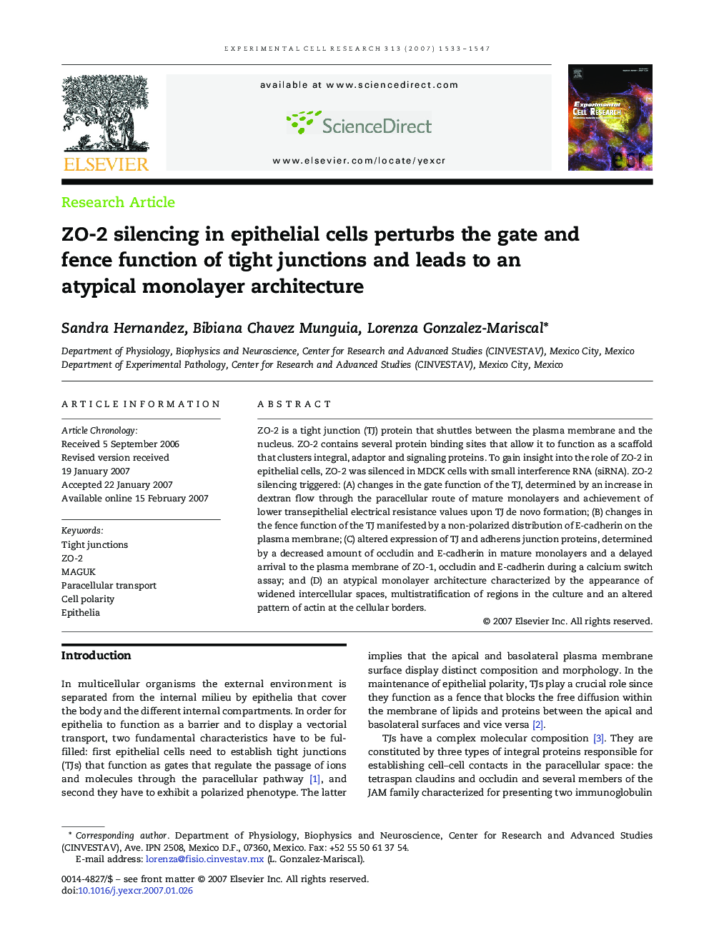 ZO-2 silencing in epithelial cells perturbs the gate and fence function of tight junctions and leads to an atypical monolayer architecture