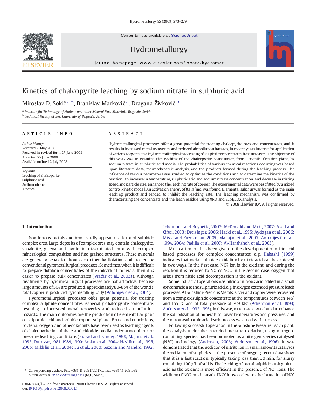 Kinetics of chalcopyrite leaching by sodium nitrate in sulphuric acid