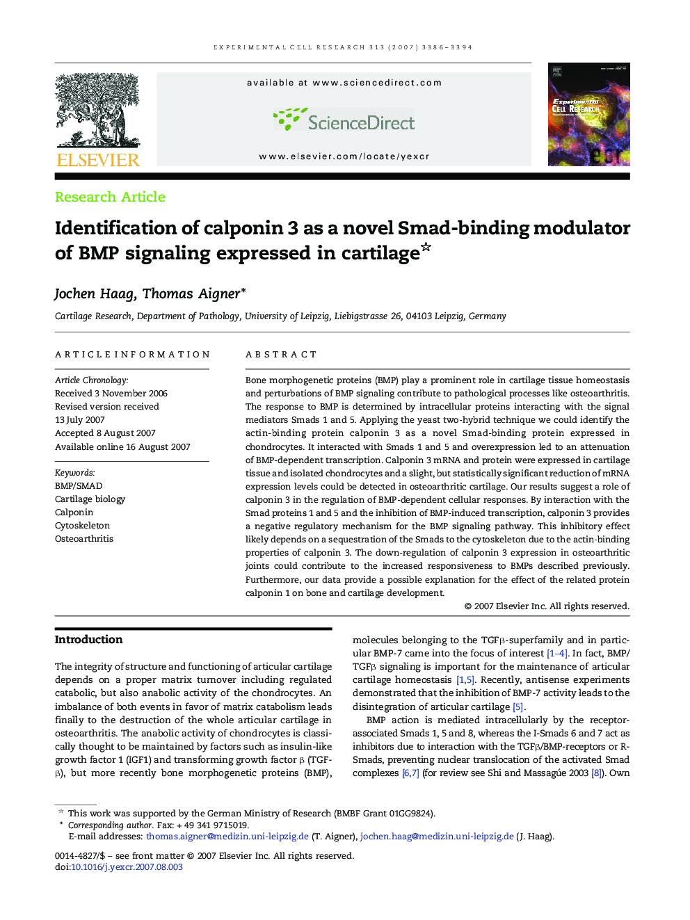 Identification of calponin 3 as a novel Smad-binding modulator of BMP signaling expressed in cartilage 