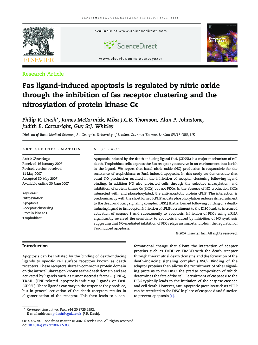 Fas ligand-induced apoptosis is regulated by nitric oxide through the inhibition of fas receptor clustering and the nitrosylation of protein kinase CÎµ