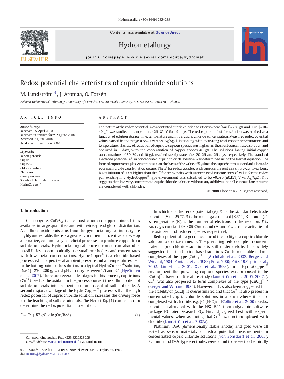 Redox potential characteristics of cupric chloride solutions