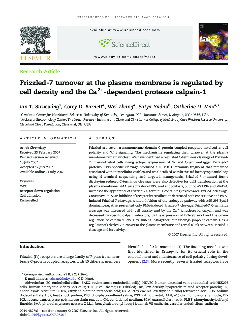 Frizzled-7 turnover at the plasma membrane is regulated by cell density and the Ca2+-dependent protease calpain-1