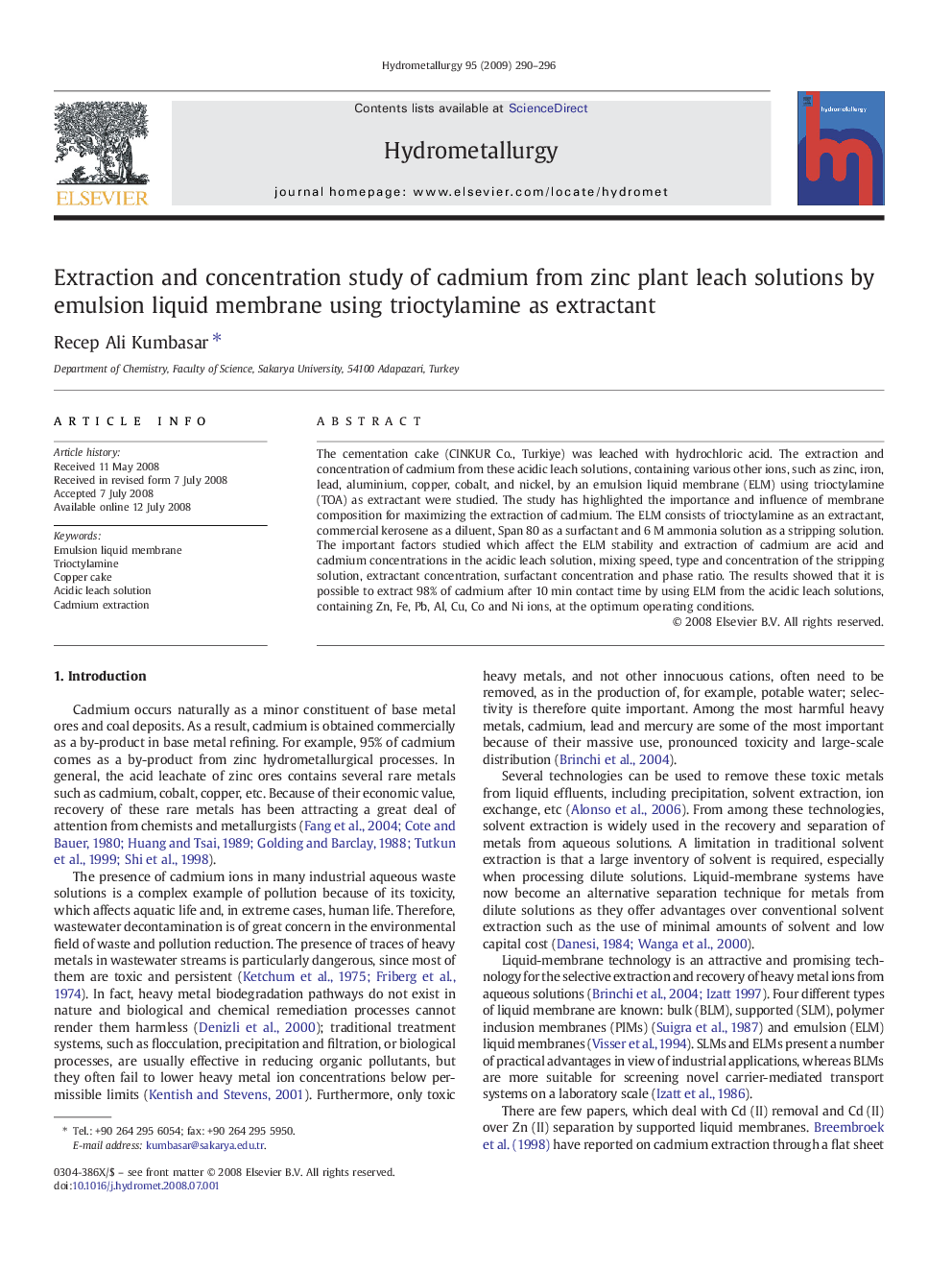 Extraction and concentration study of cadmium from zinc plant leach solutions by emulsion liquid membrane using trioctylamine as extractant