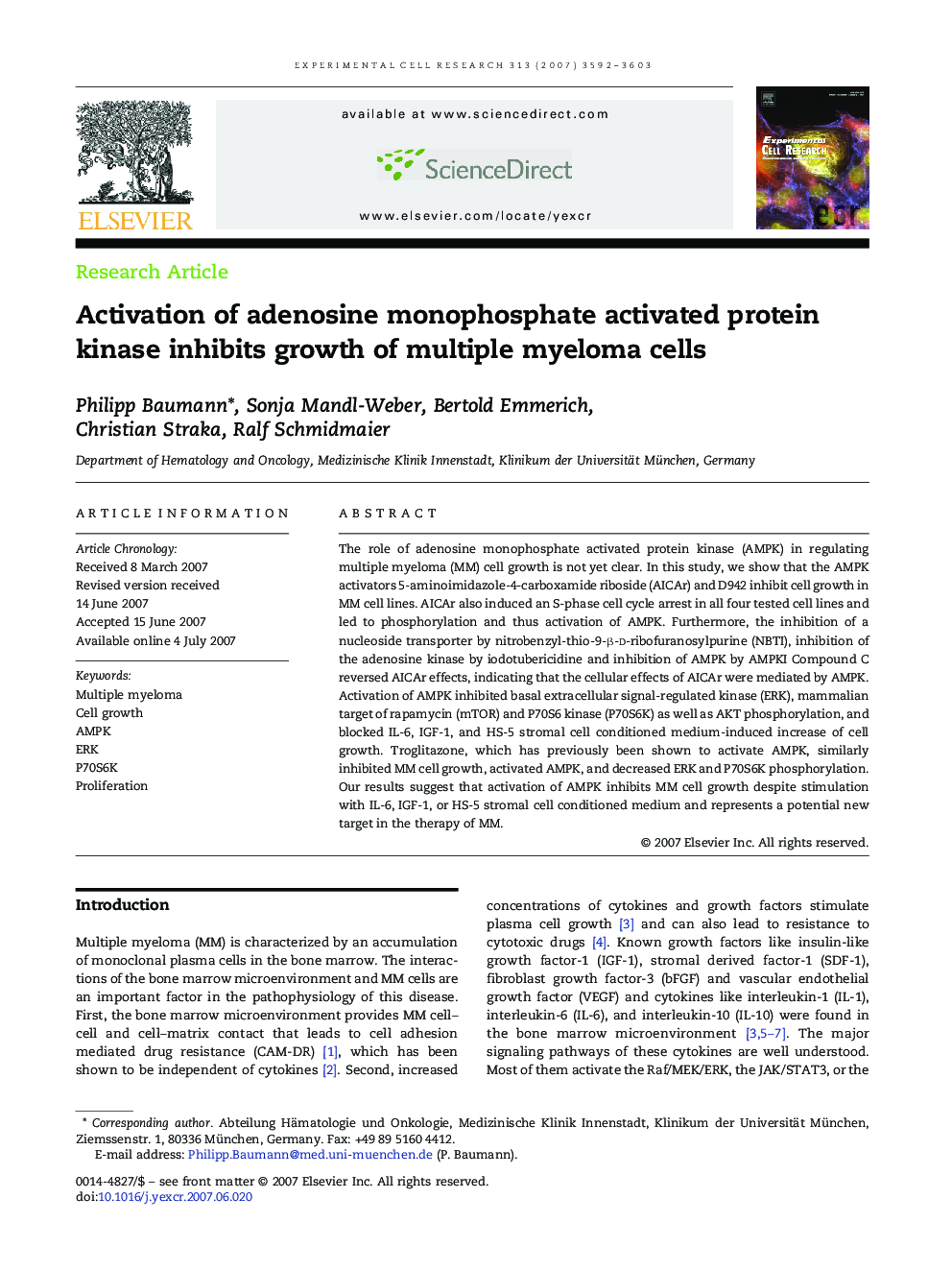 Activation of adenosine monophosphate activated protein kinase inhibits growth of multiple myeloma cells