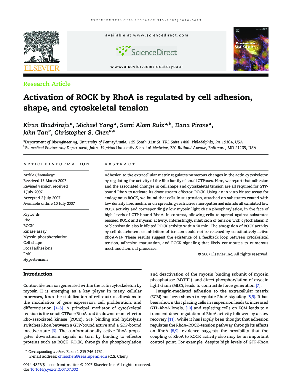 Activation of ROCK by RhoA is regulated by cell adhesion, shape, and cytoskeletal tension