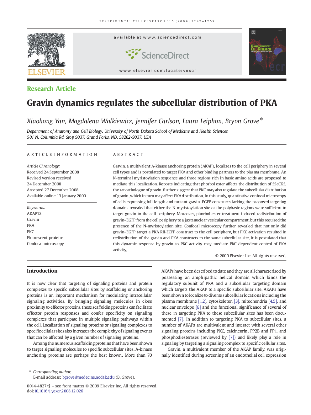 Gravin dynamics regulates the subcellular distribution of PKA