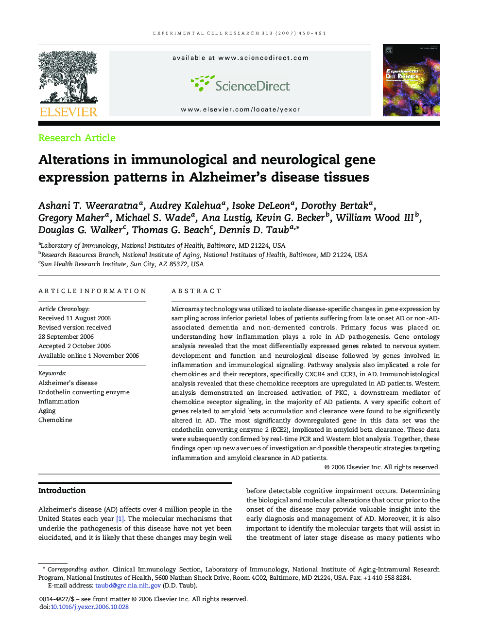 Alterations in immunological and neurological gene expression patterns in Alzheimer's disease tissues