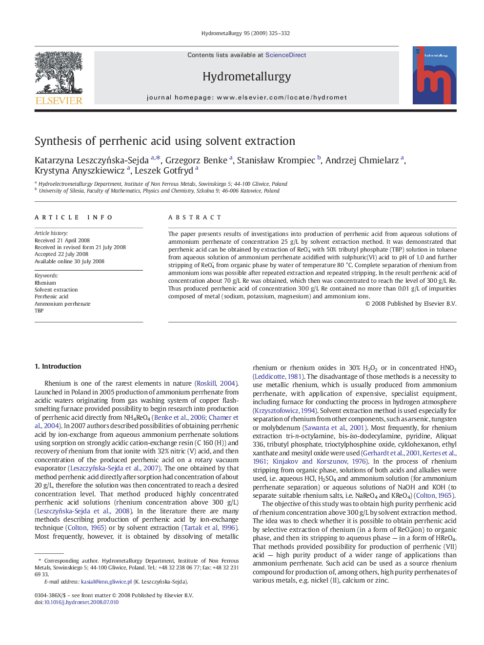 Synthesis of perrhenic acid using solvent extraction