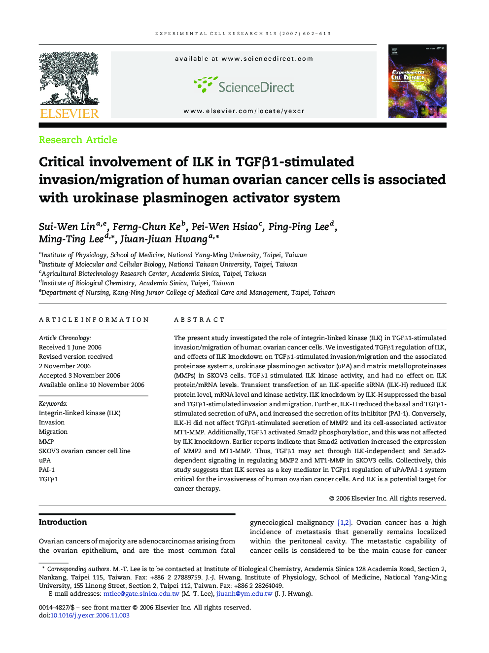 Critical involvement of ILK in TGFβ1-stimulated invasion/migration of human ovarian cancer cells is associated with urokinase plasminogen activator system