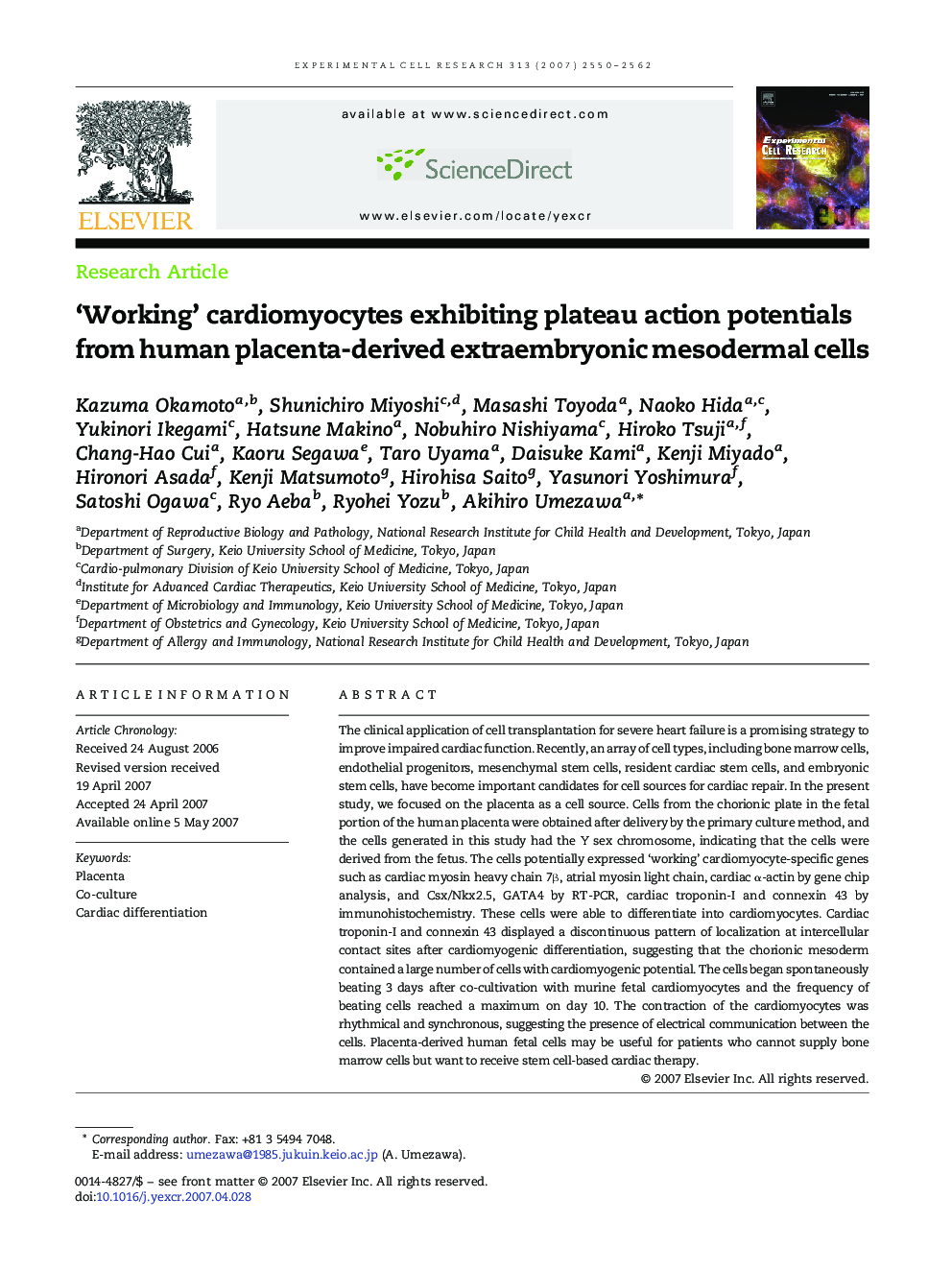 ‘Working’ cardiomyocytes exhibiting plateau action potentials from human placenta-derived extraembryonic mesodermal cells