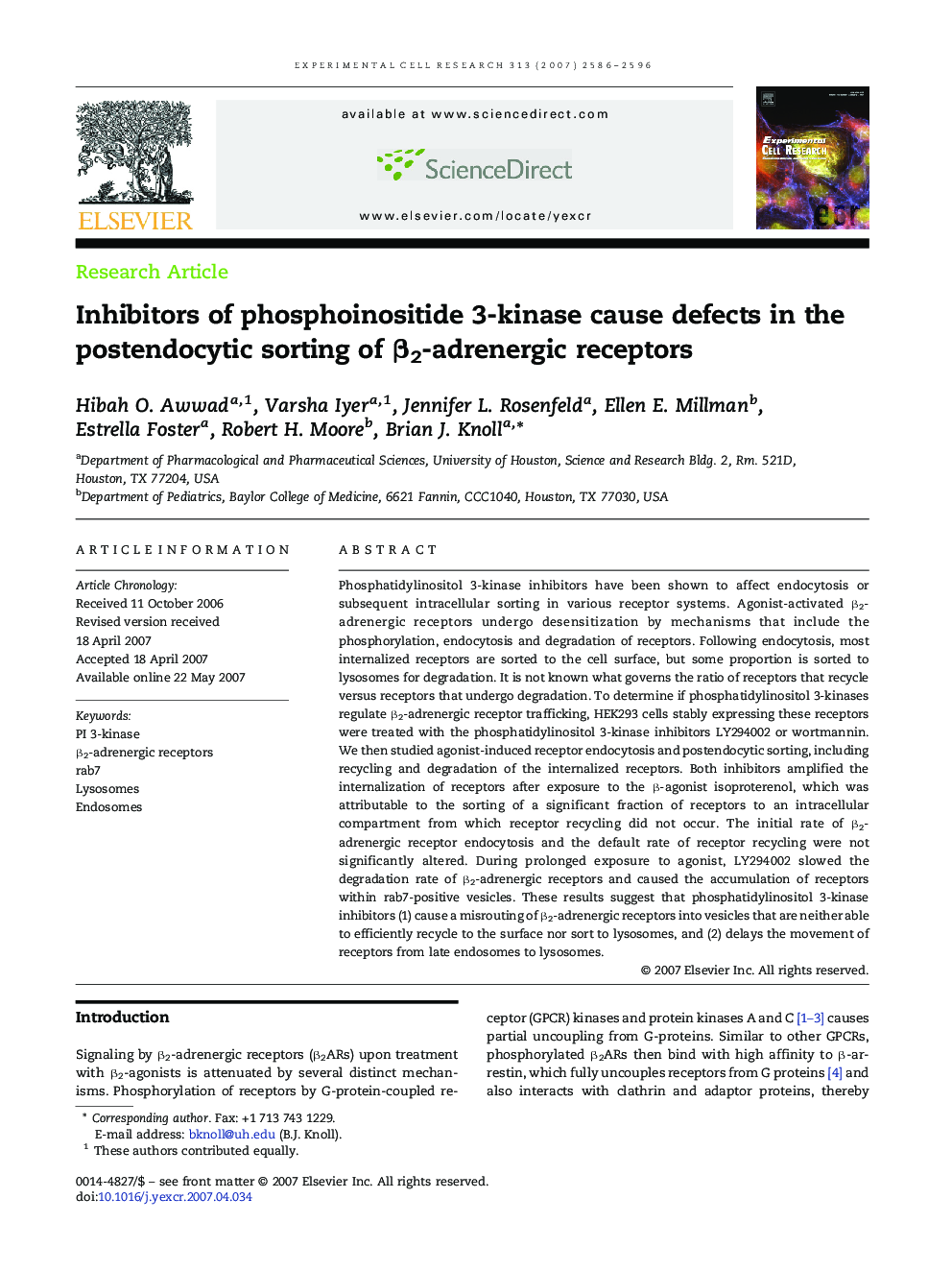 Inhibitors of phosphoinositide 3-kinase cause defects in the postendocytic sorting of β2-adrenergic receptors