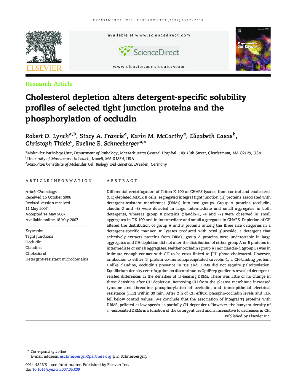 Cholesterol depletion alters detergent-specific solubility profiles of selected tight junction proteins and the phosphorylation of occludin