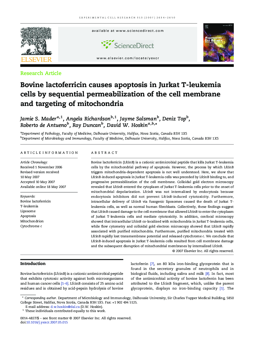 Bovine lactoferricin causes apoptosis in Jurkat T-leukemia cells by sequential permeabilization of the cell membrane and targeting of mitochondria