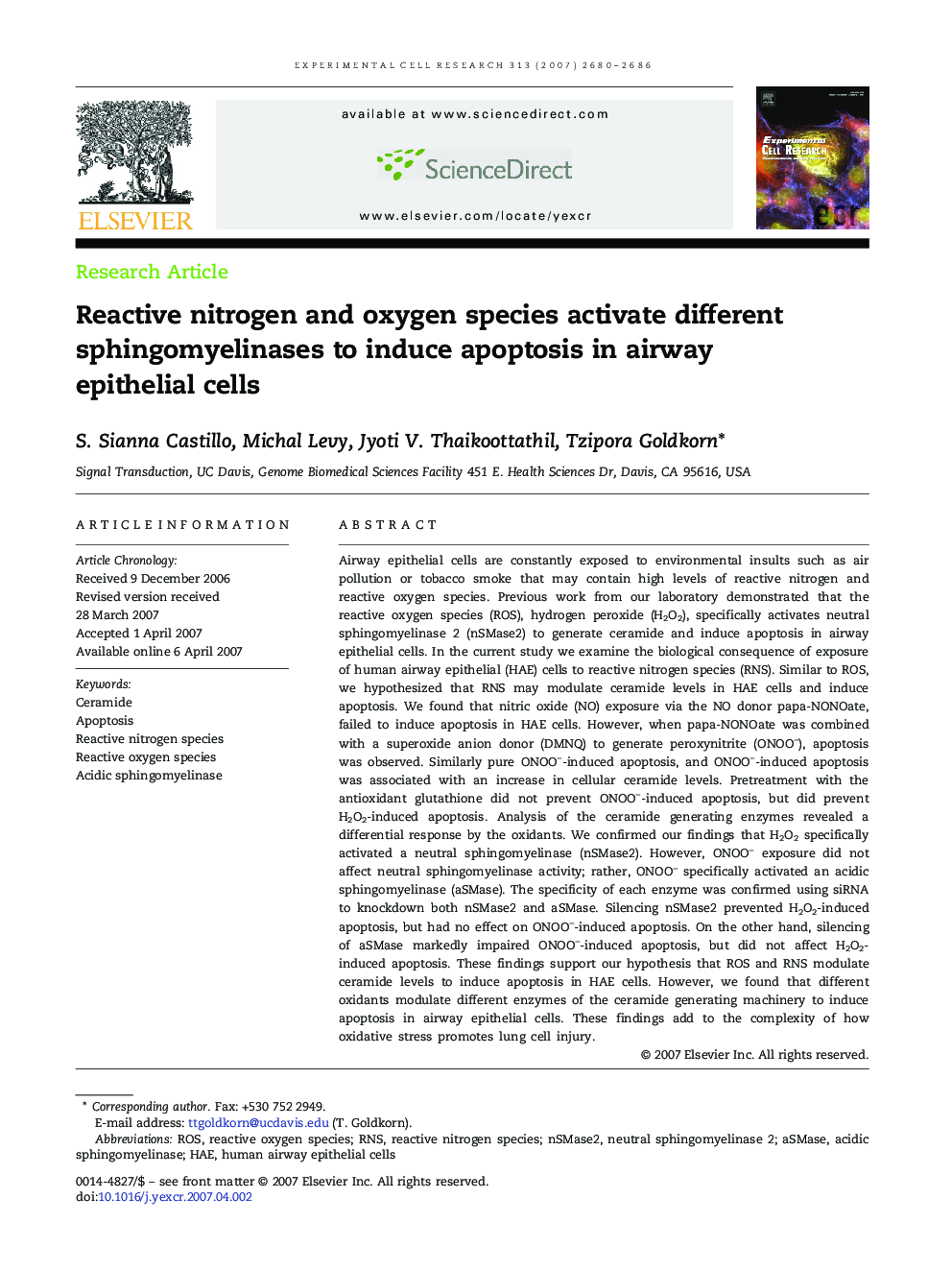 Reactive nitrogen and oxygen species activate different sphingomyelinases to induce apoptosis in airway epithelial cells