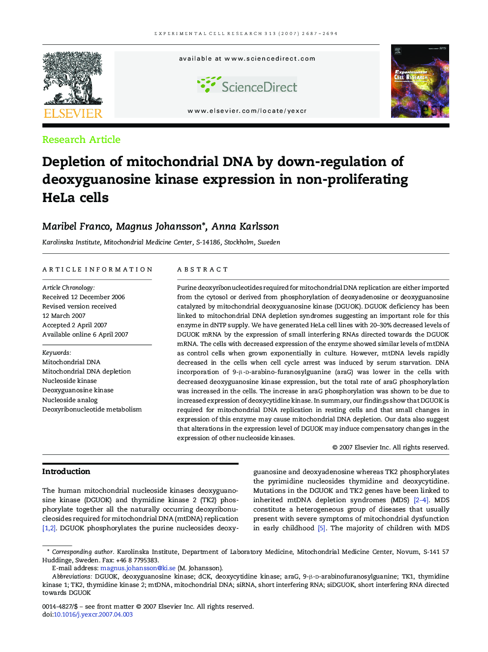 Depletion of mitochondrial DNA by down-regulation of deoxyguanosine kinase expression in non-proliferating HeLa cells