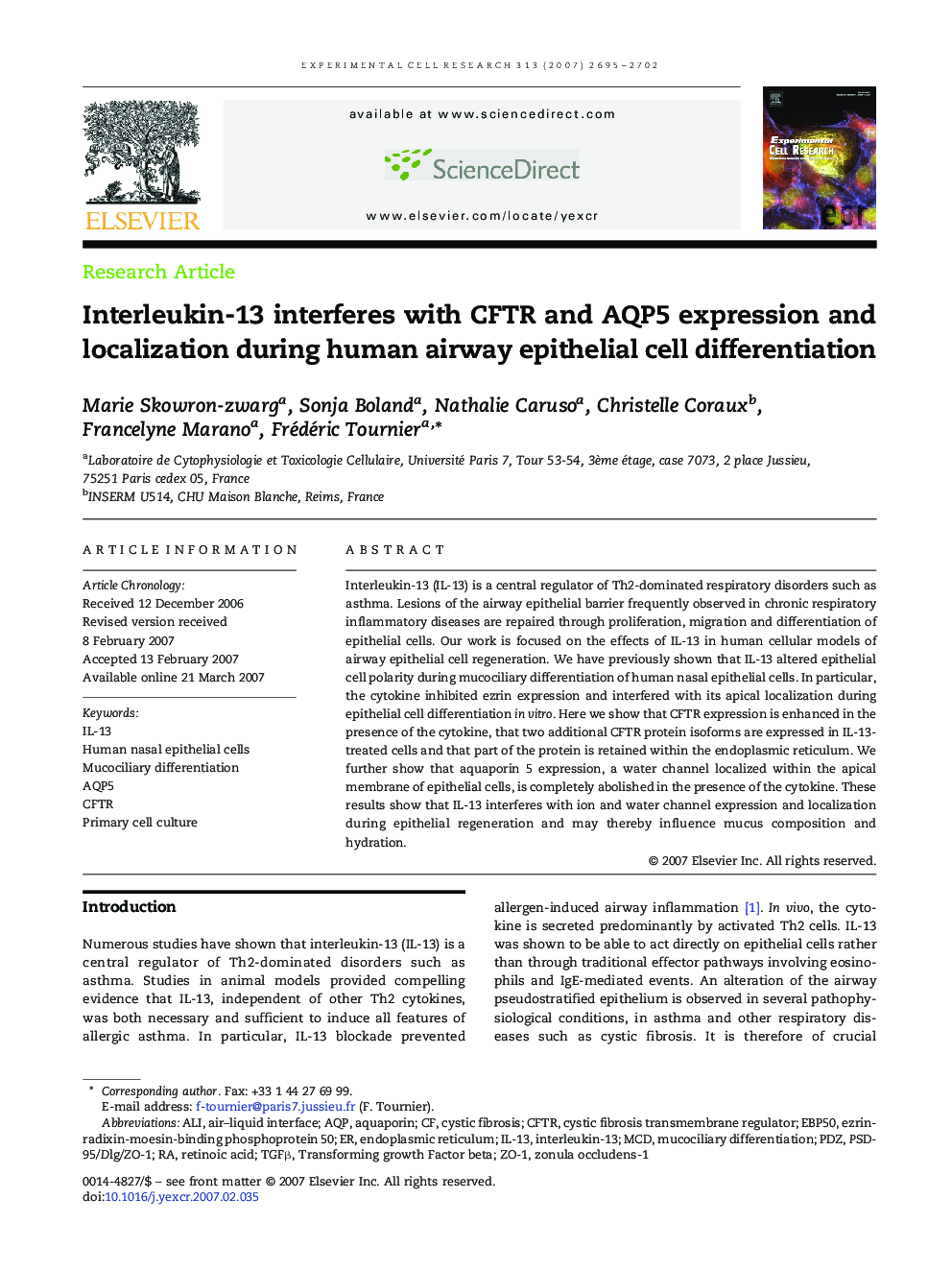 Interleukin-13 interferes with CFTR and AQP5 expression and localization during human airway epithelial cell differentiation