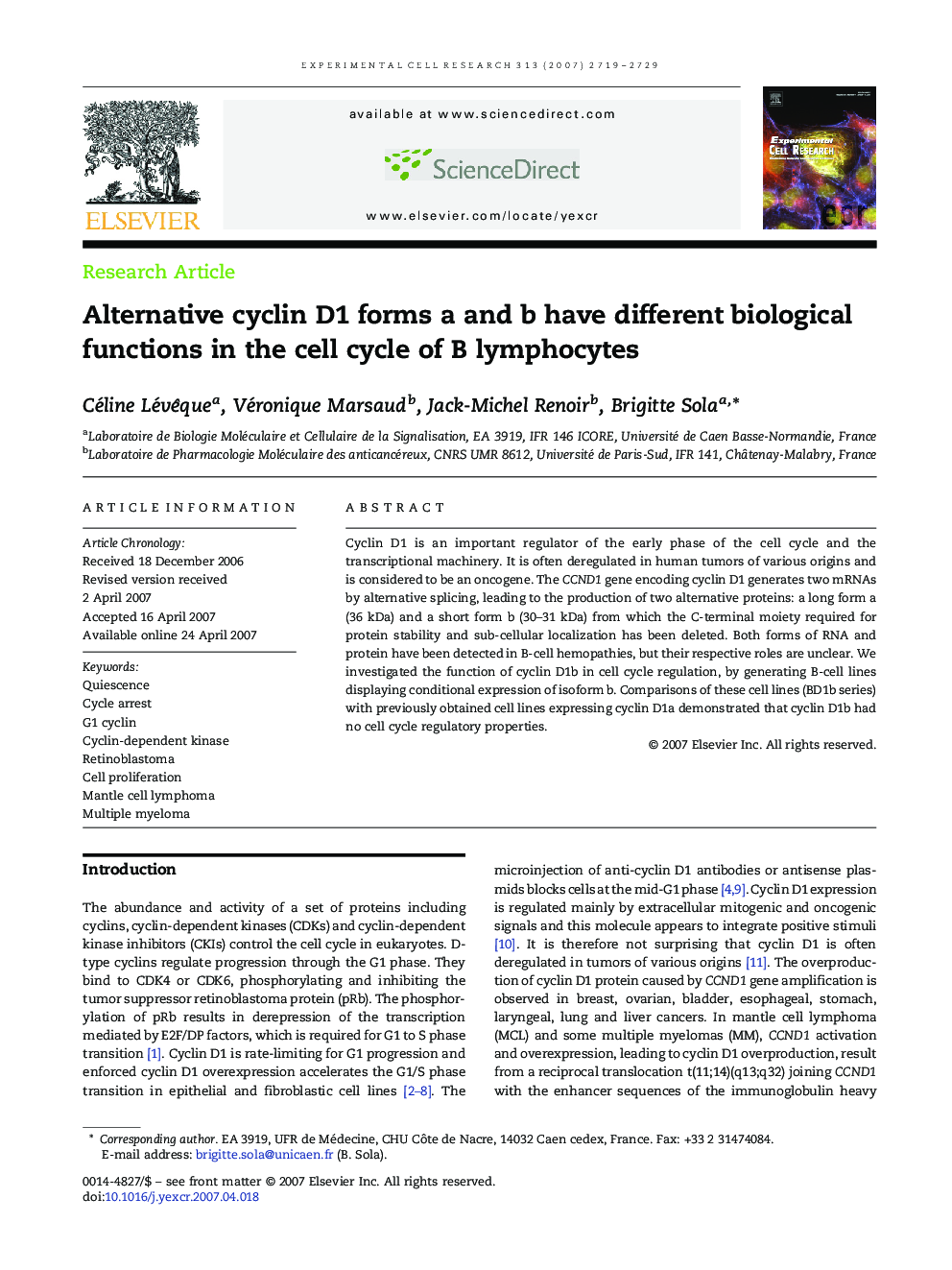 Alternative cyclin D1 forms a and b have different biological functions in the cell cycle of B lymphocytes