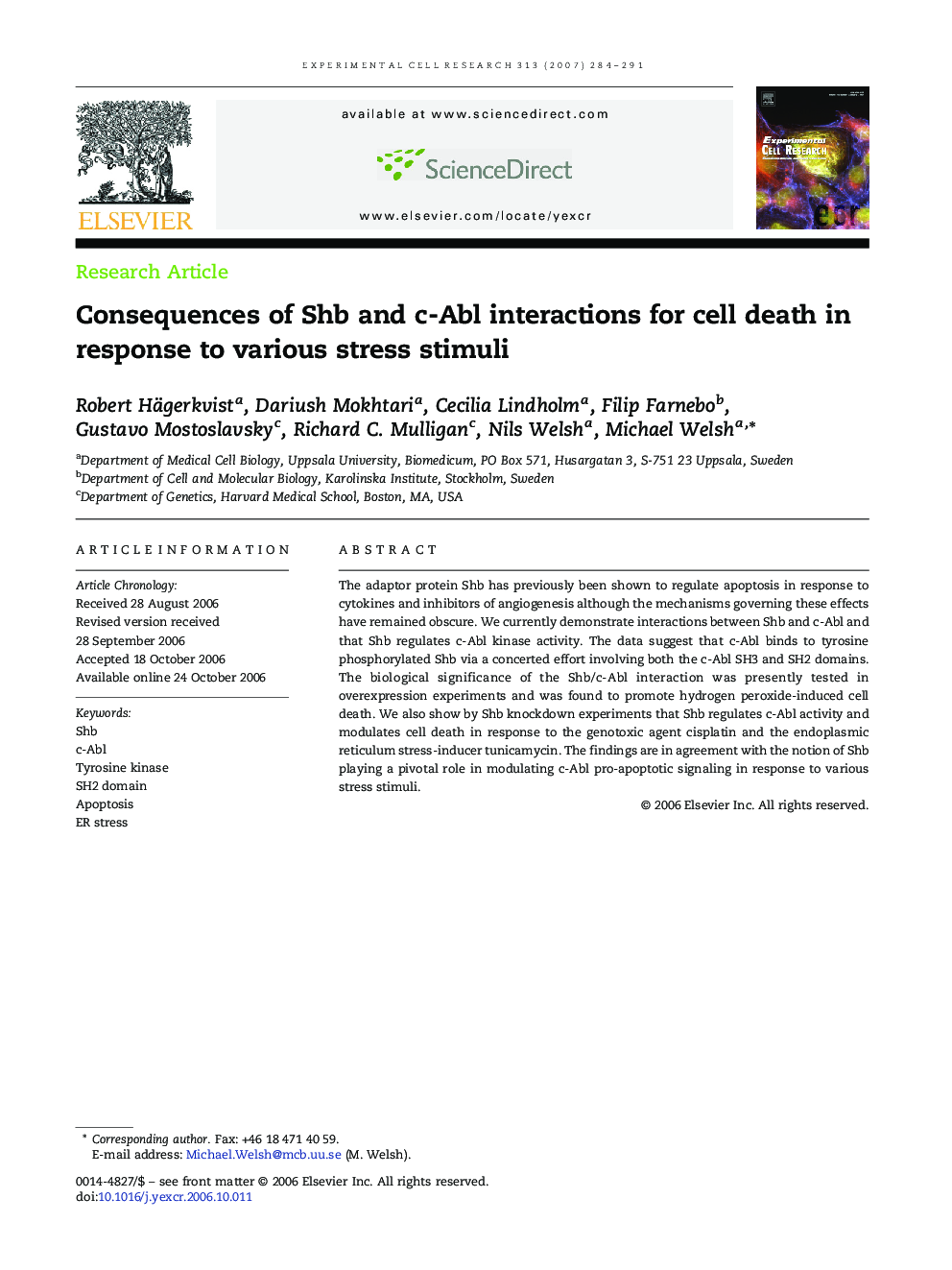 Consequences of Shb and c-Abl interactions for cell death in response to various stress stimuli