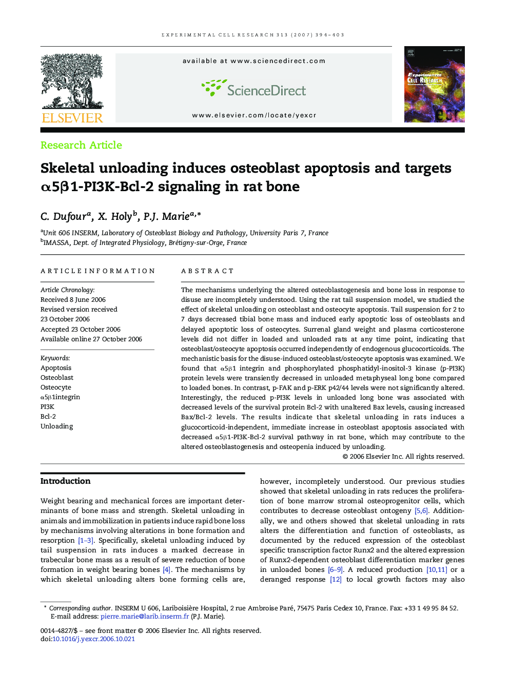 Skeletal unloading induces osteoblast apoptosis and targets α5β1-PI3K-Bcl-2 signaling in rat bone