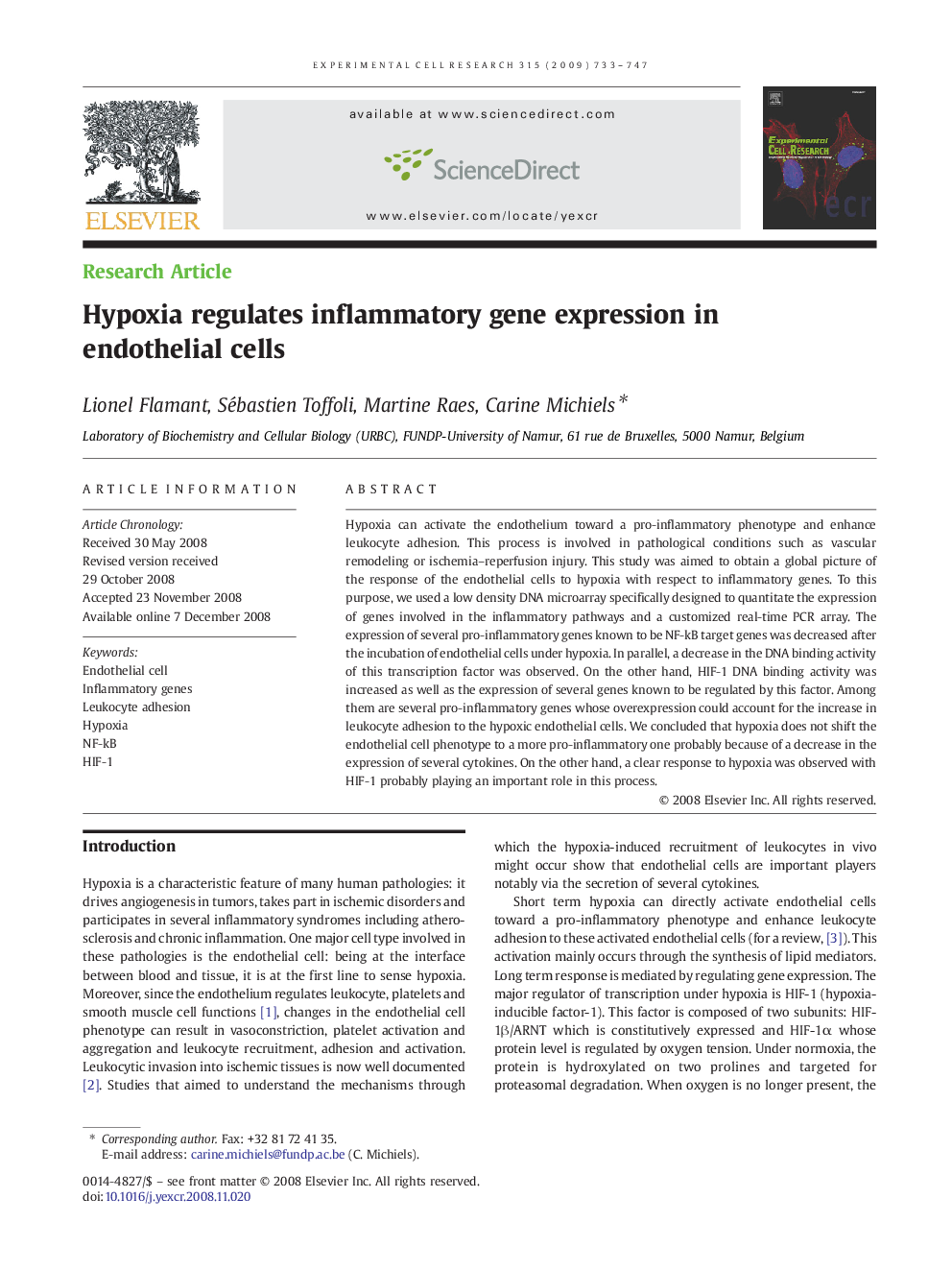 Hypoxia regulates inflammatory gene expression in endothelial cells