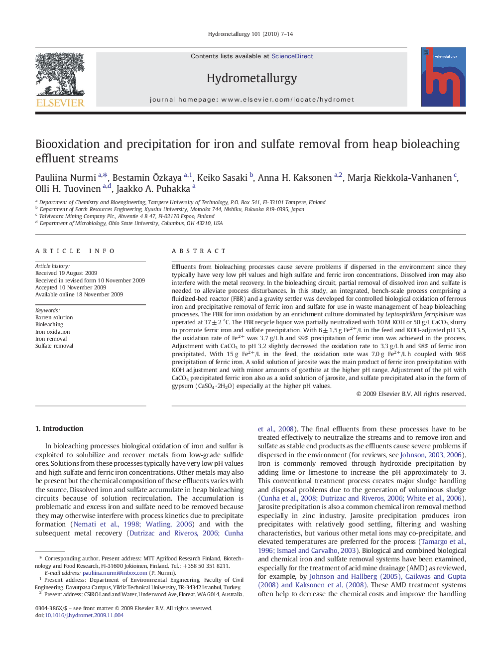 عکس صفحه اول مقاله: Biooxidation and precipitation for iron and sulfate removal from heap bioleaching effluent streams Biooxidation and precipitation for iron and sulfate removal from heap bioleaching effluent streams