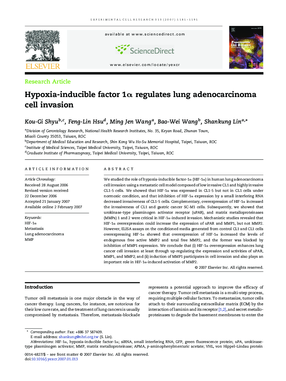 Hypoxia-inducible factor 1α regulates lung adenocarcinoma cell invasion